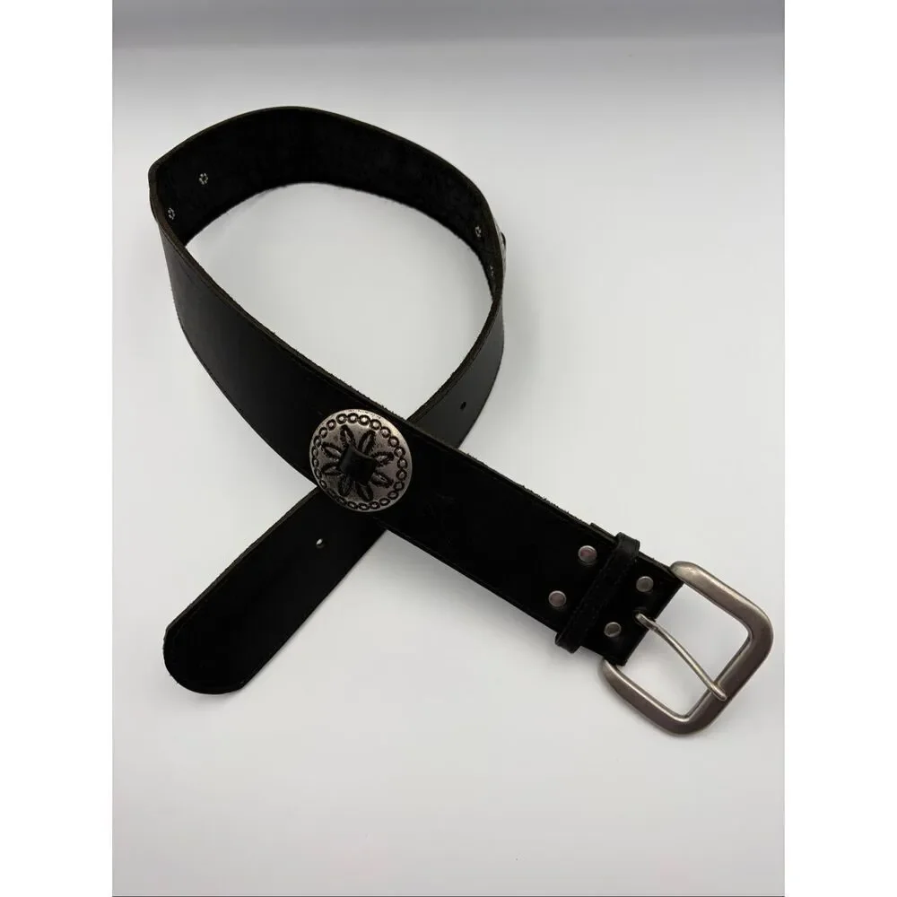 Vintage USA Made Black Leather Southwestern Concho Belt Boho Western Size Small